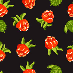 Seamless pattern with yellow berries on a black background. Raspberries, blackberries. Great for packaging design, textiles, paper, tea, decals.