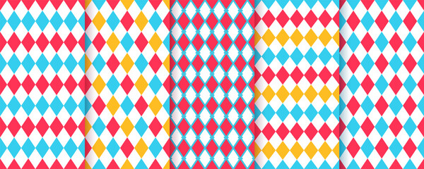 Circus seamless pattern. Harlequin lozenge backgrounds. Vector illustration. Checkered diamond textures. Set blue red yellow rhombus plaid prints. Modern argyle geometric backdrops. © Iryna