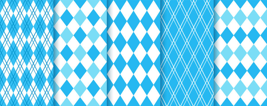 Argyle seamless pattern. Lozenge blue diamond backgrounds. Vector illustration. Set rhombus plaid prints. Bavarian Oktoberfest textures. Modern geometric backdrops.