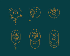 Fototapeta premium A set of gold logos of the bump with needles brands. Simple stylish natural emblems.