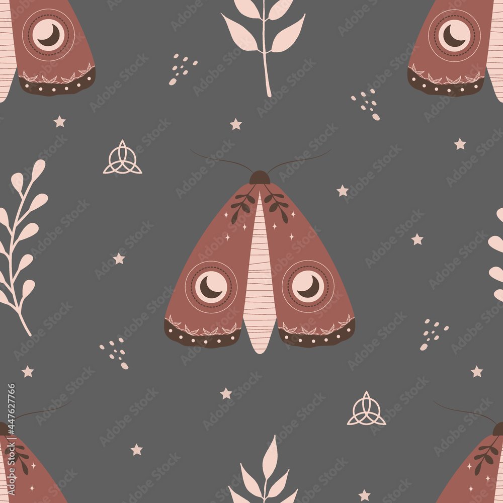 Wall mural seamless pattern with boho moth. insect with celestial elements. witch and magic symbol for textile,