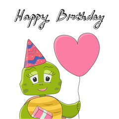 Happy Birthday card with a cute turtle character in a cap and with a balloon in his hand. Vector illustration with lettering.