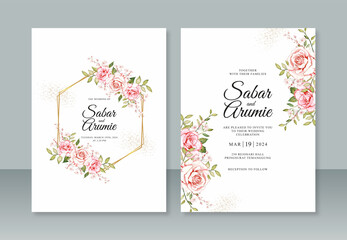 Fototapeta na wymiar Watercolor rose flower painting and geometric border for wedding invitation template