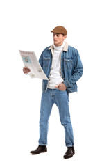 Young man reading newspaper on white background