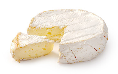 Fresh camembert cheese with sliced camembert isolated. Camembert cheese piece on white background.