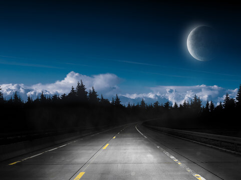 dark night road through forest and sky with moon