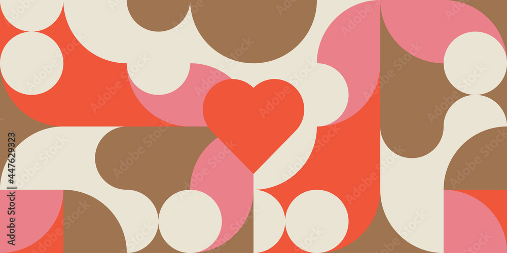 Poster Romantic vector abstract  geometric background with hearts, circles, rectangles and squares  in retro scandinavian style. Pastel colored simple shapes graphic pattern. Abstract mosaic artwork.