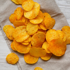 Ruffled Cheese Potato Chips, top view. Flat lay, overhead, from above.