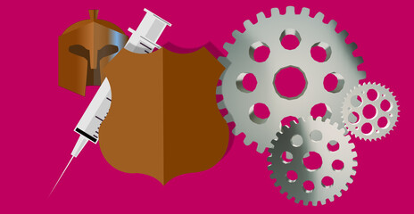 Vaccine. Tools against COVID. Set of gear wheels, concept of CREATIVE MEETING, team solution, evolution, TEAMWORK. Warrior helmet and shield to represent the fight. Syringe. Mass vaccination campaign.