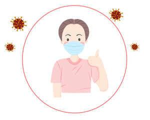 Girl wearing mask and show thumb up for safe from coronavirus and air pollution.vector illustrated 