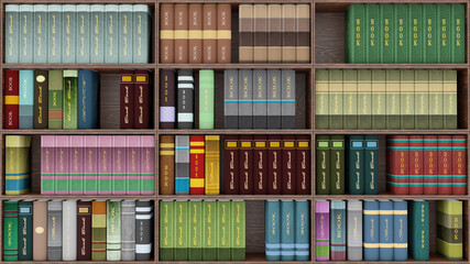 Libreria in primo piano. Numerosi libri sono allineati sugli scaffali di una grande libreria. © massimo_g