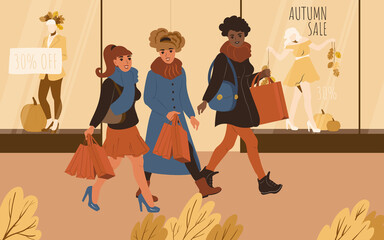 Girls friends go shopping together. Autumn sales in city store showcase. Flat vector illustration