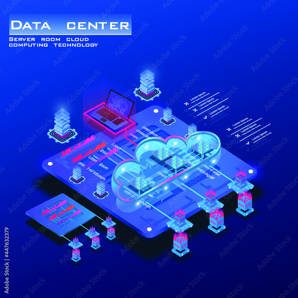 Poster isometric concept of data center and information. server room with powerful processor for web hostin