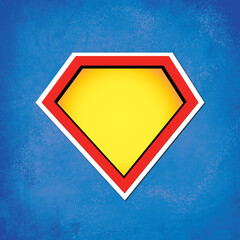 Superhero blank symbol background. Yellow and red comic hero icon on textured blue background.   © Elmien