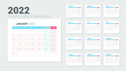 2022 Planner Calendar Week starts on Monday. Simple and clean calendar design planner template vector.