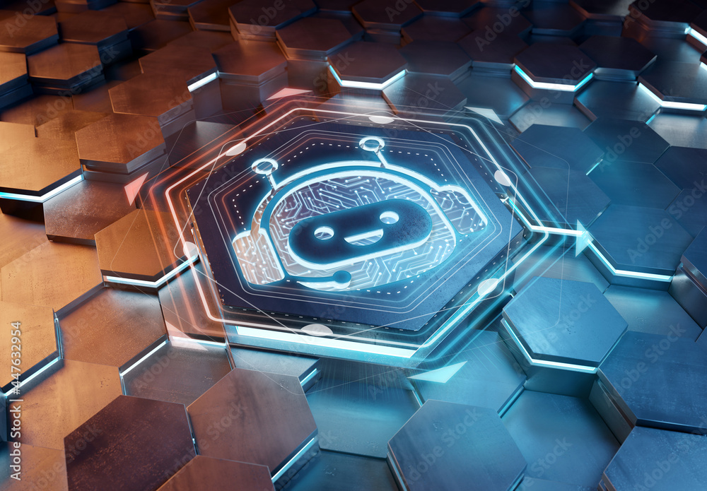 Aufkleber Chatbot icon concept engraved on metal hexagonal pedestral background. Chat bot assistance logo glowing on abstract digital surface. 3d rendering
