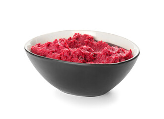 Bowl with tasty beet hummus on white background