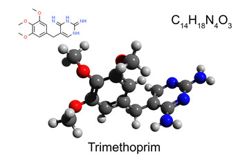Chemical formula, structural formula and 3D ball-and-stick model of antibiotic trimethoprim, white background