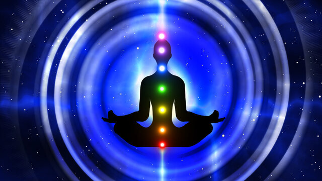 Silhouette of a seven chakra meditation person on a spiral background