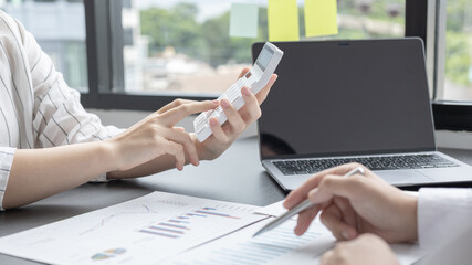 Brainstorm team, Marketers and financial accountants are discussing and analyzing charts to plan strategies to meet customer needs, Business data graph, Team meetings or business consulting.