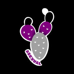 LGBTQIA Gender Sticker. Isolated Gray and Violet Cactus with hearts and a Asexual Title. Vector illustration