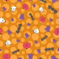 Fotobehang Cute Halloween theme vector repeat pattern on orange background © Elinnet