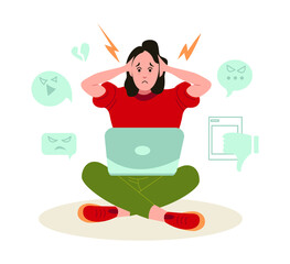 Cyberbullying concept. Vector illustration of a girl with a laptop upset and scared because of offensive messages. Bullying in social networks.