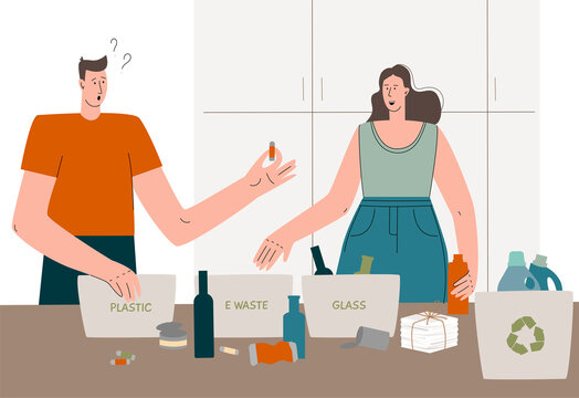 People sorting waste. Sorting trash into categories. The concept of zero waste and care for the environment. Waste recycling. Vector illustration. 