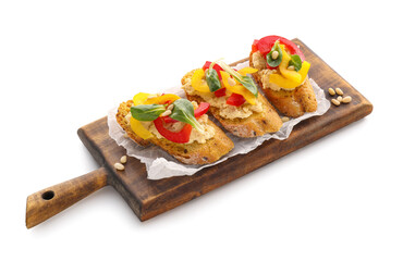 Tasty bruschettas with bell pepper and hummus on white background