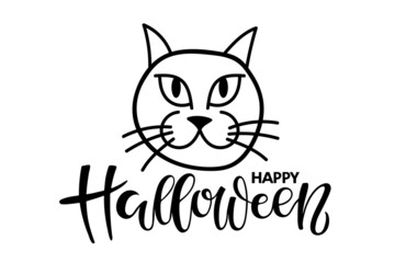 Happy Halloween lettering with witches cat sketch isolated on white. Black-and-white vector illustration. For poster, greeting card, banner, party invitation, Halloween decor, party sign