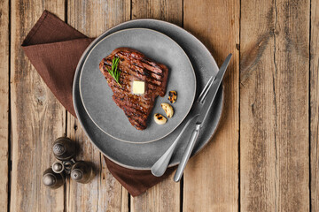 Top view of beef steak on a plate