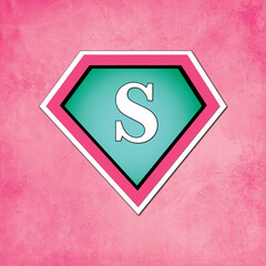 Superhero badge with pink and mint colors and a S letter