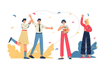 Fototapeta na wymiar Team congratulates colleague web concept. Employees congratulate woman on birthday and give gifts. Corporate holiday, career growth minimal people scene. Vector illustration in flat design for website