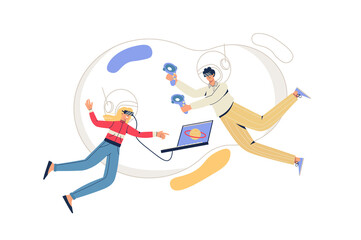 Cyberspace web concept. Man and woman in VR glasses fly in virtual reality. Interactive gaming, training with modern technologies minimal people scene. Vector illustration in flat design for website