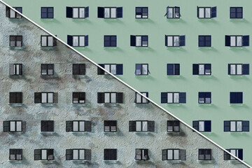 Obraz premium Illustrazione 3D. Ristrutturazione facciata palazzo prima e dopo. A sinistra la casa rovinata, a destra la facciata dopo gli aggiustamenti abitata da persone..