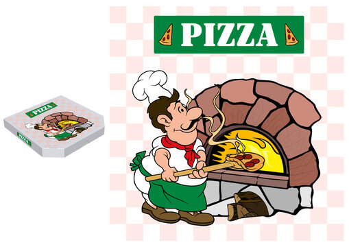 Pizza Chef and Baking Oven in Graphic Design on a Paper Pizza Box - Colored Cartoon Illustration and 3D Paper Box Preview, Vector