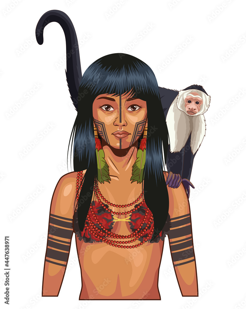 Sticker indigenous woman with monkey