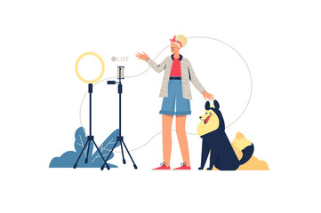 Live streaming web concept. Blogger communicates online with subscribers in video broadcast. Woman with dog broadcasting live, minimal people scene. Vector illustration in flat design for website