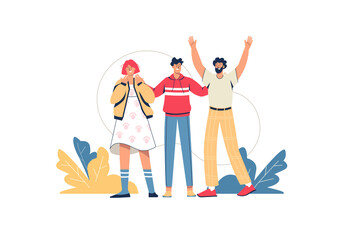 Obraz na płótnie Canvas Happy people standing together web concept. Young friends embracing and smiling. Men and woman greeting and friendly gesturing, minimal people scene. Vector illustration in flat design for website