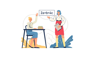 School learning web concept. Schoolgirl answers in lesson, teacher teaches subject. Student at exam. Primary education, training, minimal people scene. Vector illustration in flat design for website