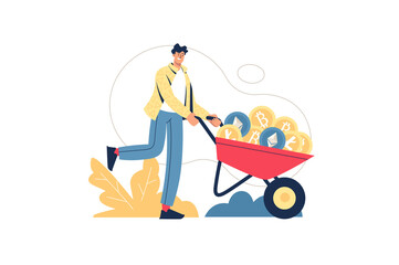 Cryptocurrency mining web concept. Man earns digital money, carries coins in wheelbarrow. Blockchain technology and bitcoin mining, minimal people scene. Vector illustration in flat design for website