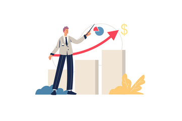 Sales performance web concept. Male marketer shows profit growth, successful business development, analyzes financial statistics, minimal people scene. Vector illustration in flat design for website
