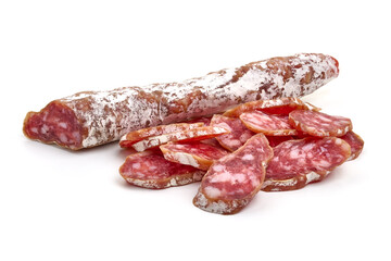 Dry cured fuet sausage, isolated on white background. High resolution image.
