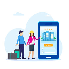 Online hotel booking. Easy travelling with online booking apps. Flat vector template Style Suitable for Web Landing Page.