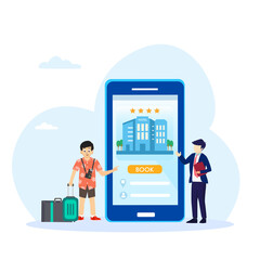 Online hotel booking. Easy travelling with online booking apps. Flat vector template Style Suitable for Web Landing Page.