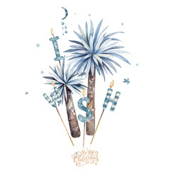 Big set of blue New Year Set for Christmas tree, spruce, balls, snowflakes, bells, reindeer, snowman, gift, hand drawn watercolor isolated on white