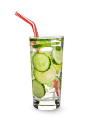 Glass with cucumber lemonade on white background
