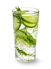 Glass with cucumber lemonade on white background