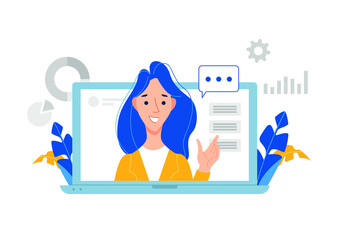 Webinar concept. A young woman teaching on laptop screen. Vector illustration distance education.