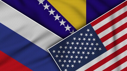 Bosnia and Herzegovina United States of America Russia Flags Together Fabric Texture Effect Illustration